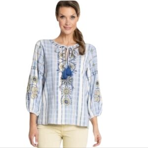 EMBROIDERED Tassel TIE NECK PEASANT TOP blue/cream stripe NWT Sz S